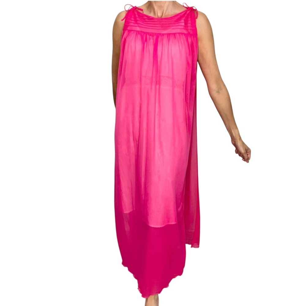 Vintage 70s AP Alepin Montreal hot pink sheer nylon long caftan maxi robe S - Picture 3 of 17